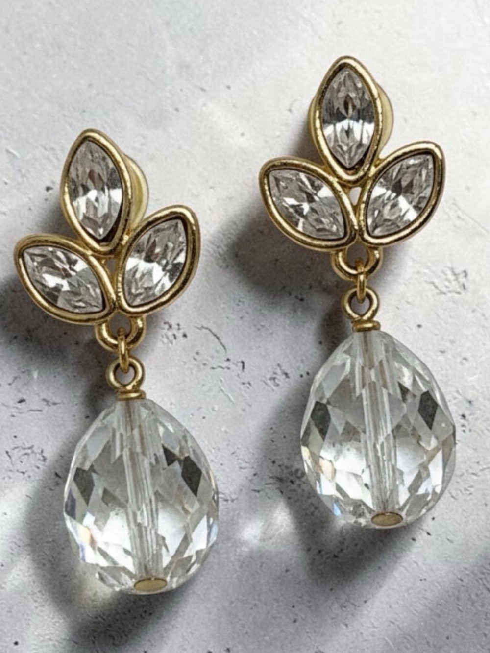 Napier Gold Tone Rhinestone Leaf & Crystal Briolette Drop Earrings